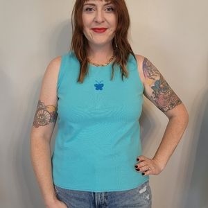 Vintage Butterfly Beaded Blue Tank Top